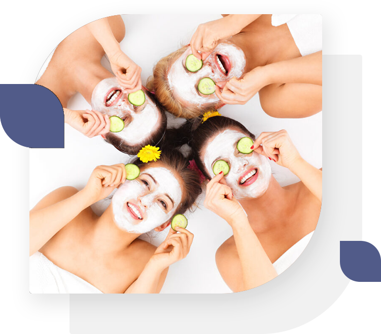 A group of people with cucumbers on their faces.