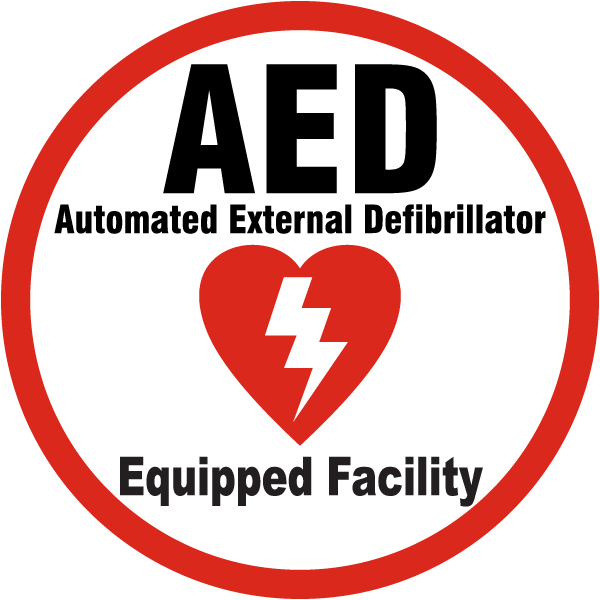 A red and white sign with the words aed automated external defibrillator equipped facility.